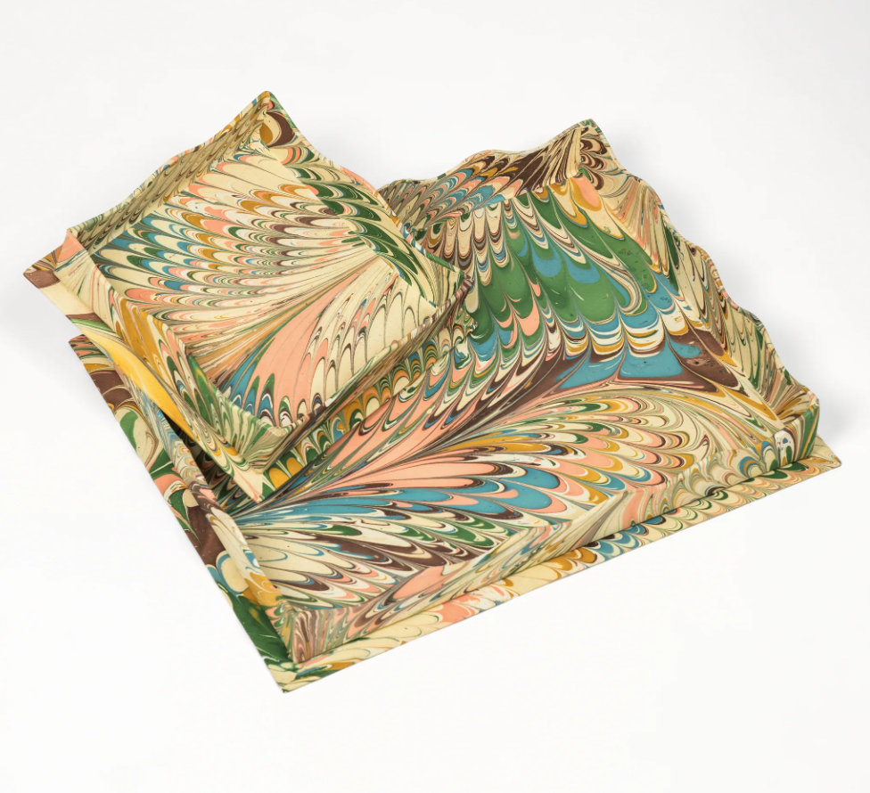Hand-Marbled Scalloped Trays in Flatiron Feathers