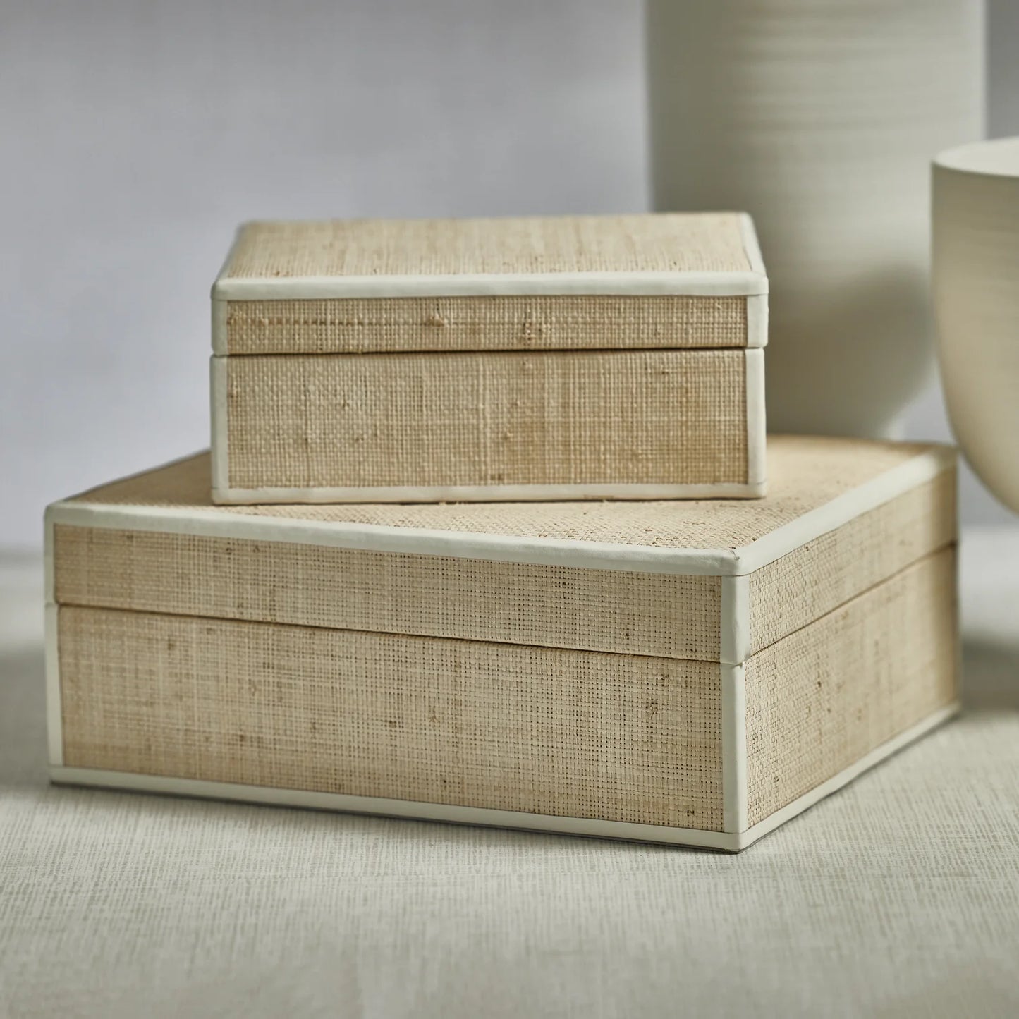 Natural Fiber Raffia Box with Leather Trim