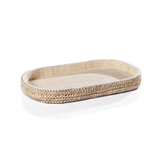 Oval Raffia Tray With Leather Trim